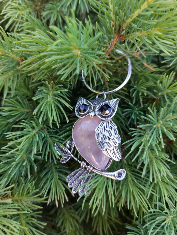 Klíčenka ve tvaru sovy z minerálu | Symbol moudrosti a klidu - Dárkové balení: Dárková kartička, Mineral: Růženín