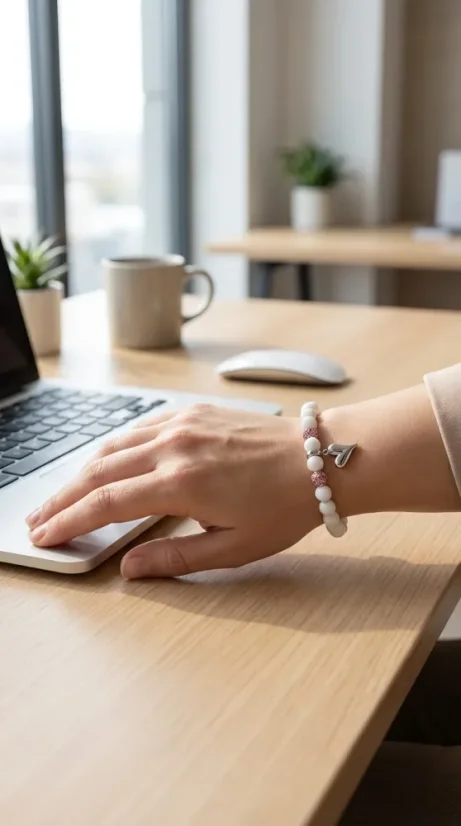 Skleněný náramek s přívěskem z chirurgické oceli - Barva: BÍLÁ - RŮŽOVÁ, Přívěšek: Srdce