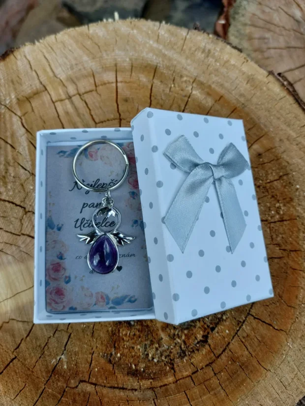 Andělská klíčenka z minerálu | Malý talisman štěstí a ochrany - Dárkové balení: Neutrální, Mineral: Ametyst