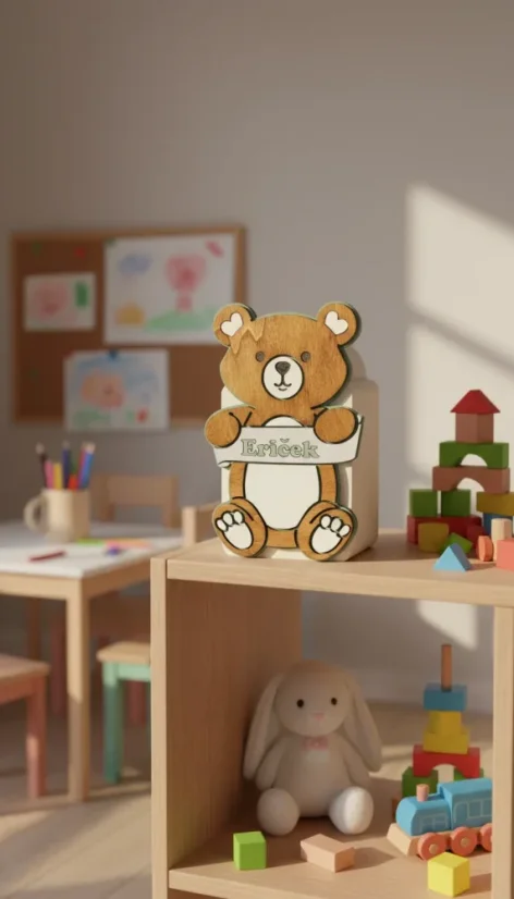 Dětská dřevěná pokladnička se jménem ve tvaru medvídka