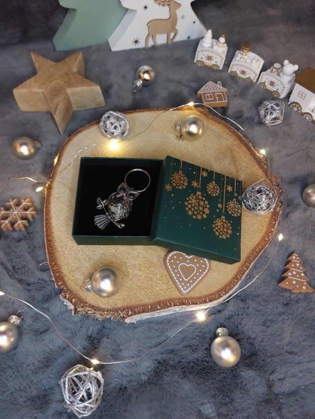 Klíčenka ve tvaru sovy z minerálu | Symbol moudrosti a klidu - Dárkové balení: Vánoční, Mineral: Rodonit