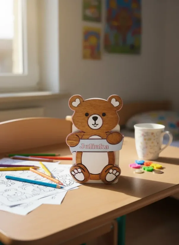 Dětská dřevěná pokladnička se jménem ve tvaru medvídka