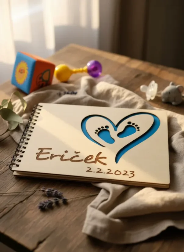Dětské dřevěné fotoalbum se jménem | Pokladnice vzpomínek miminka - Album barvy čtvrtrky: Sv. modrá