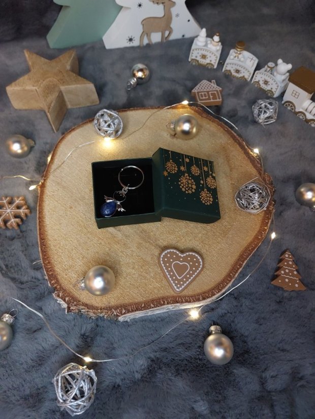 Klíčenka ve tvaru andílka s minerálním kamenem - Dárkové balení: Vánoční, Mineral: Lapis lazuli