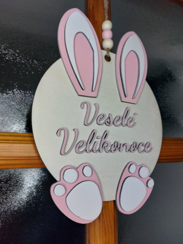 Kulatá velikonoční cedule na dveře s nápisem "Veselé Velikonoce" - Nápis písmenek: Růžová