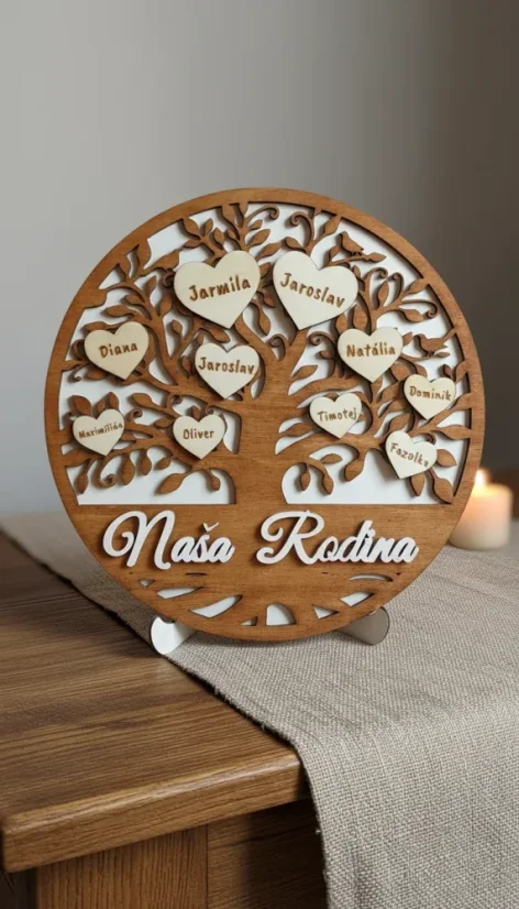 Dřevěný kruhový rodinný strom se jmény